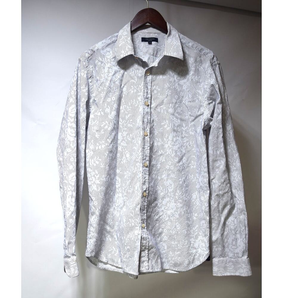 Ted Baker London Men’s Size 4 Large White Blue Striped Floral Jacquard Shirt